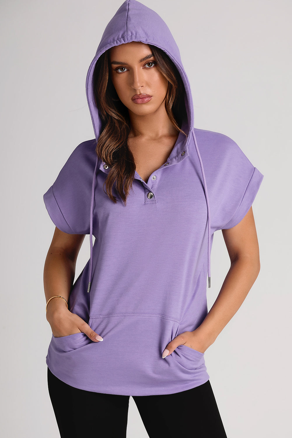 Drawstring Quarter Snap Cap Sleeve Hoodie 