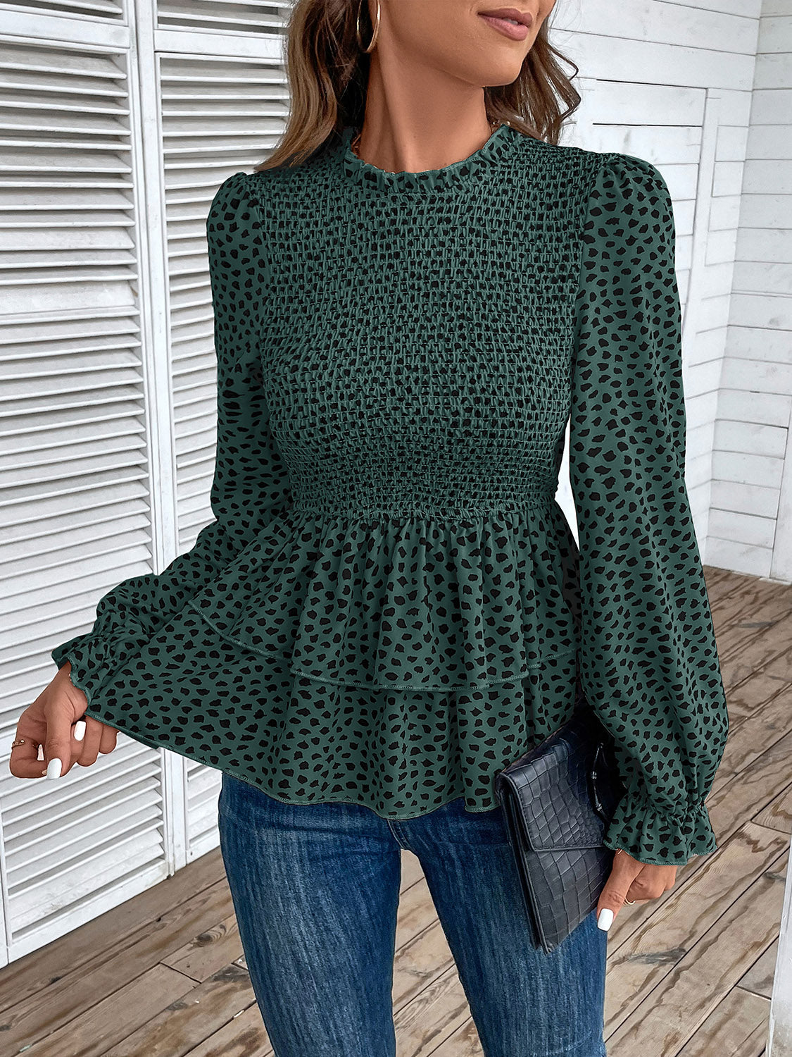 Printed Round Neck Smocked Flounce Sleeve T-Shirt 