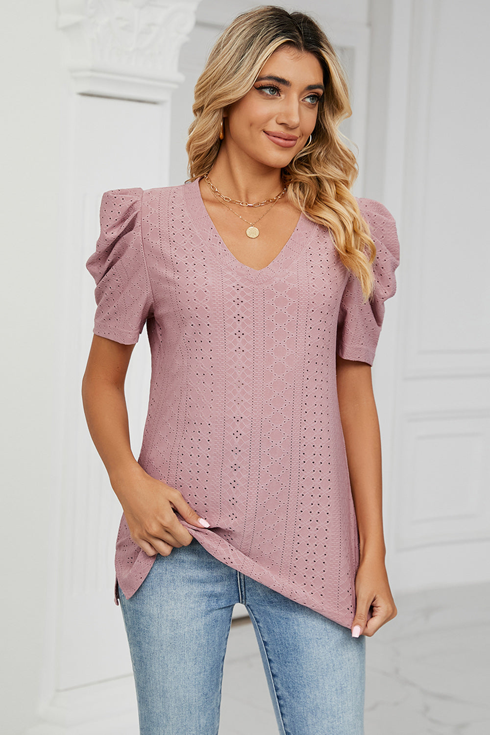 Eyelet V-Neck Short Sleeve Blouse 