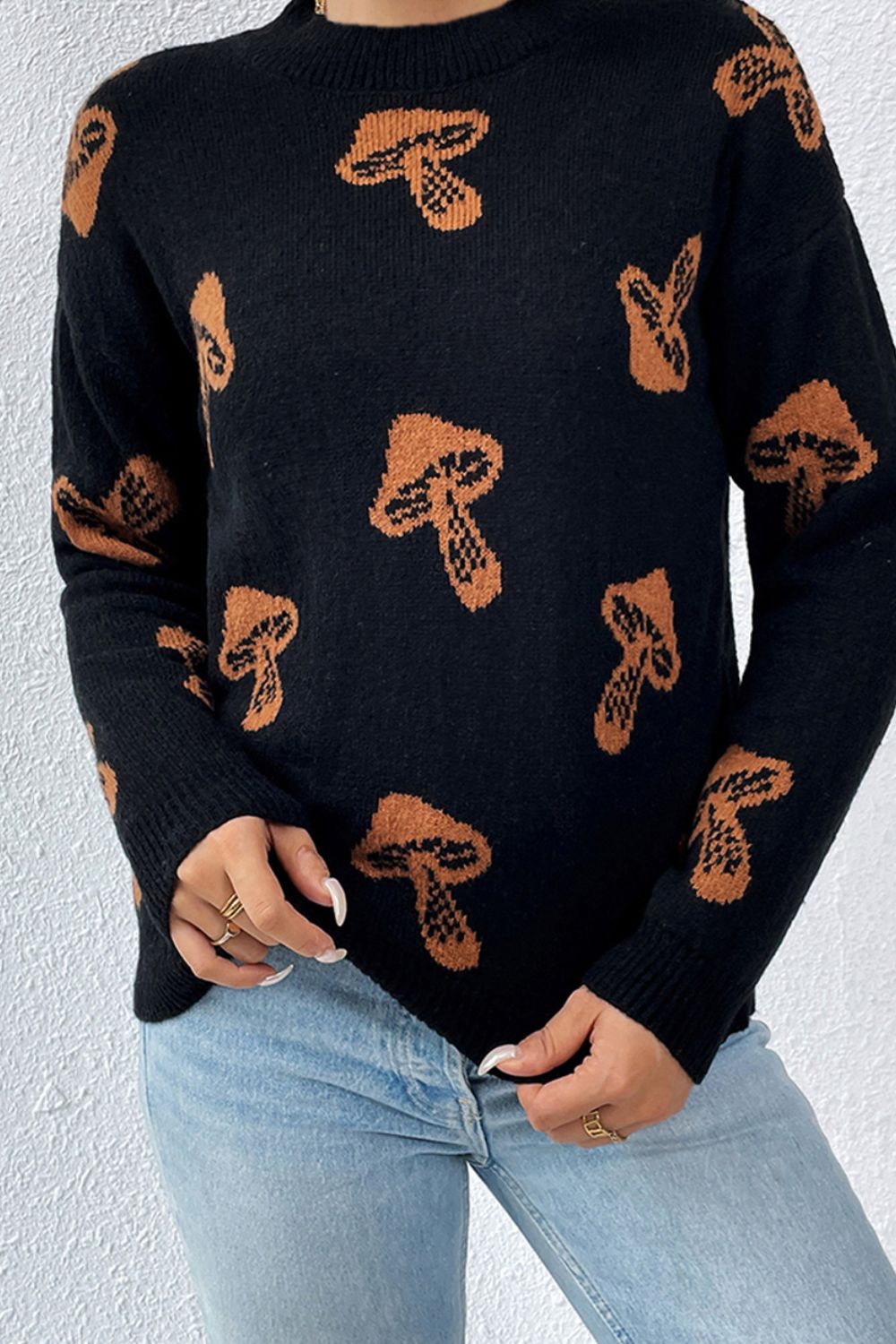 Graphic Mock Neck Dropped Shoulder Sweater 