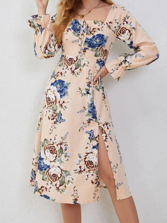 Slit Printed Square Neck Flounce Sleeve Dress 