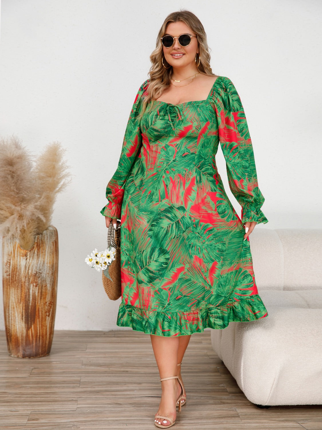 Plus Size Ruffled Square Neck Flounce Sleeve Dress 