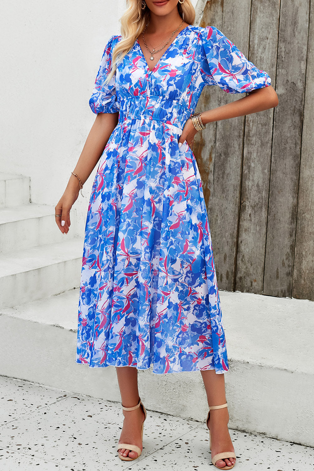 Smocked Printed V-Neck Short Sleeve Dress 