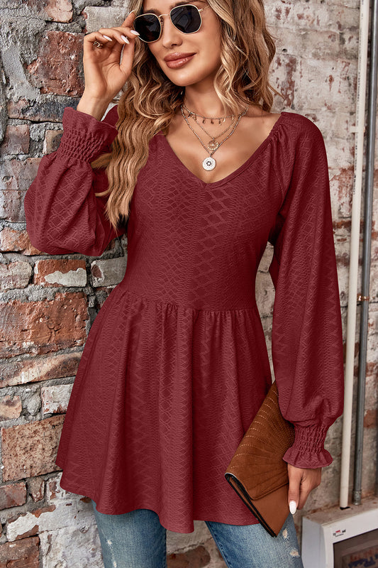 Peplum V-Neck Long Sleeve Blouse 