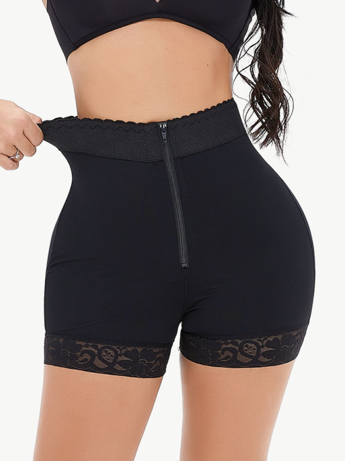 Full Size Zip-Up Lace Trim Shaping Shorts 