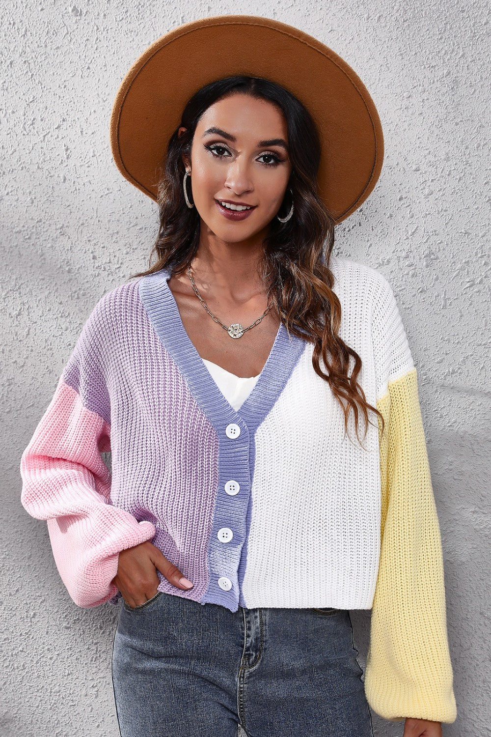 Color Block Button Up V-Neck Knit Top 