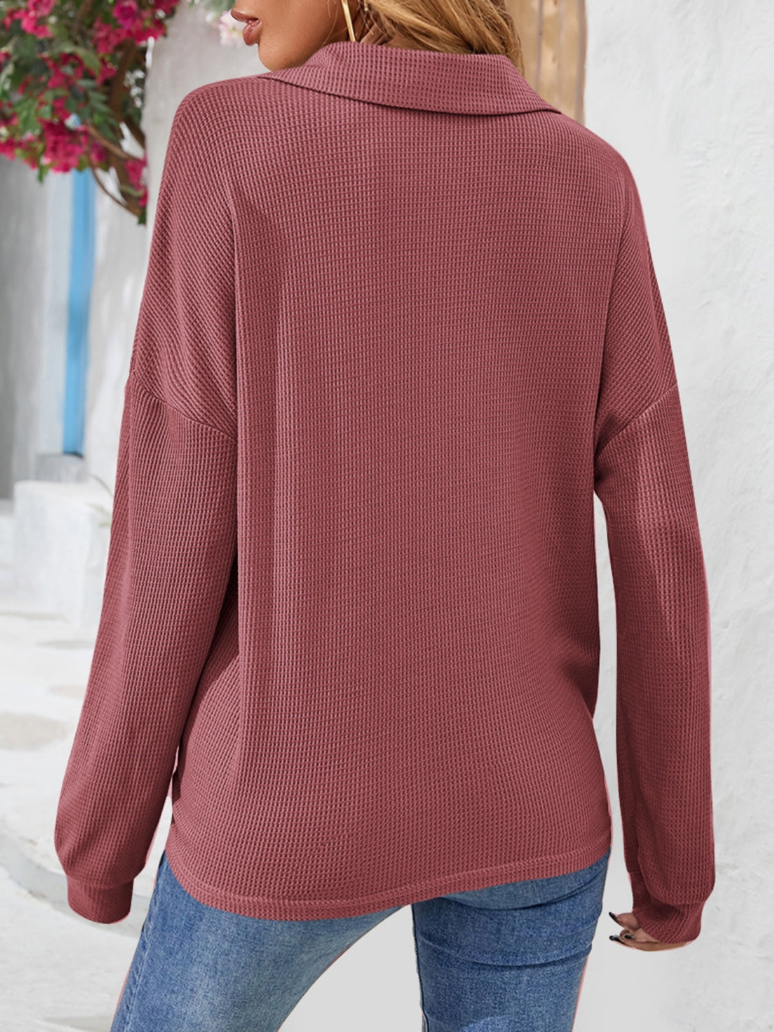 Half Button Collared Neck Long Sleeve Top 