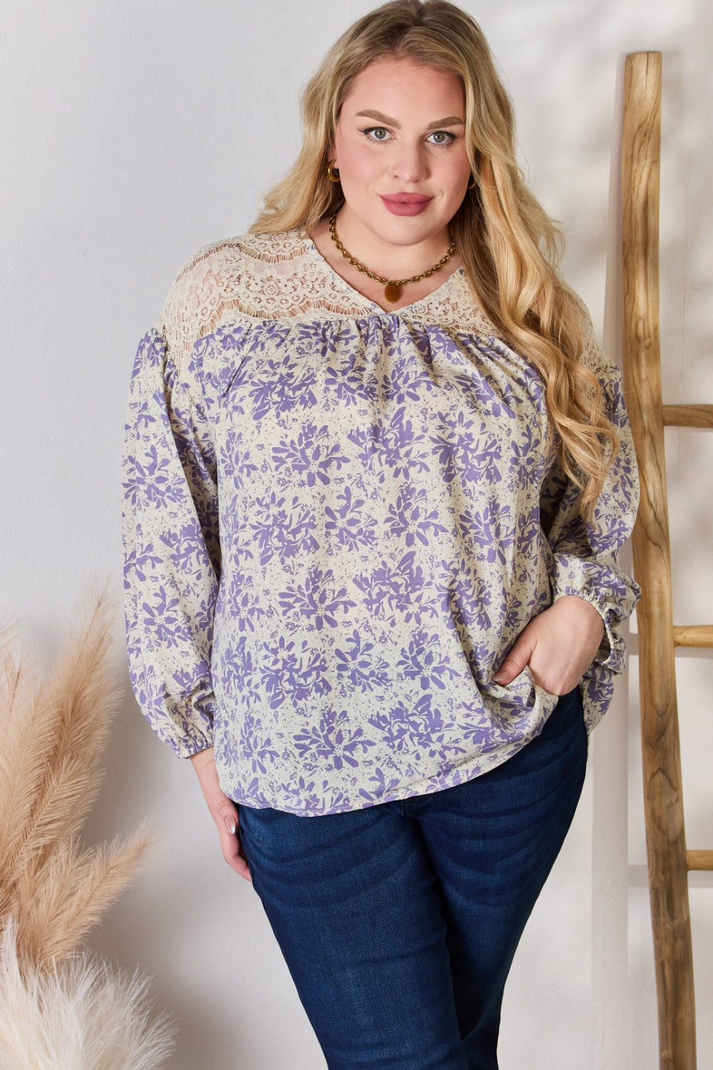 Hailey & Co Full Size Lace Detail Printed Blouse 