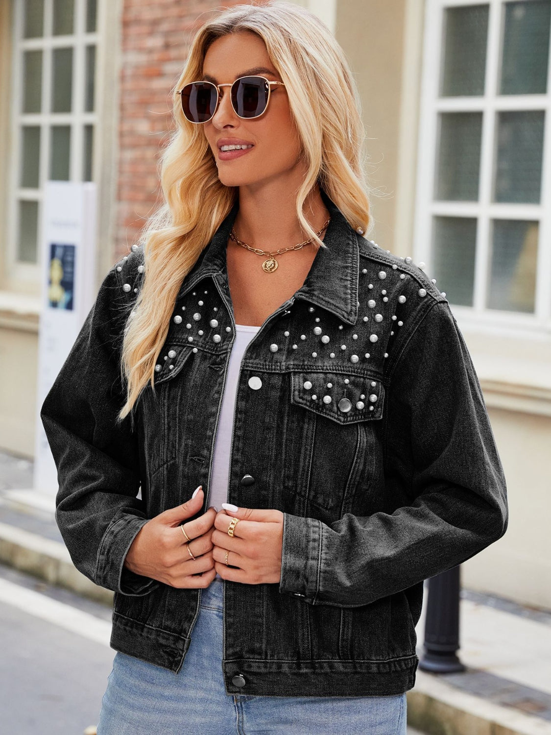 Pearl Detail Collared Neck Long Sleeve Denim Jacket 