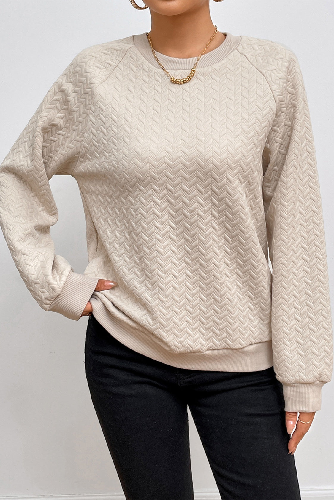 Texture Round Neck Long Sleeve Sweatshirt - Babbazon Tops