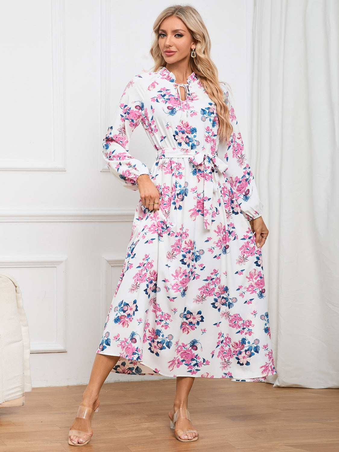 Floral Tie Front Balloon Sleeve Dress 