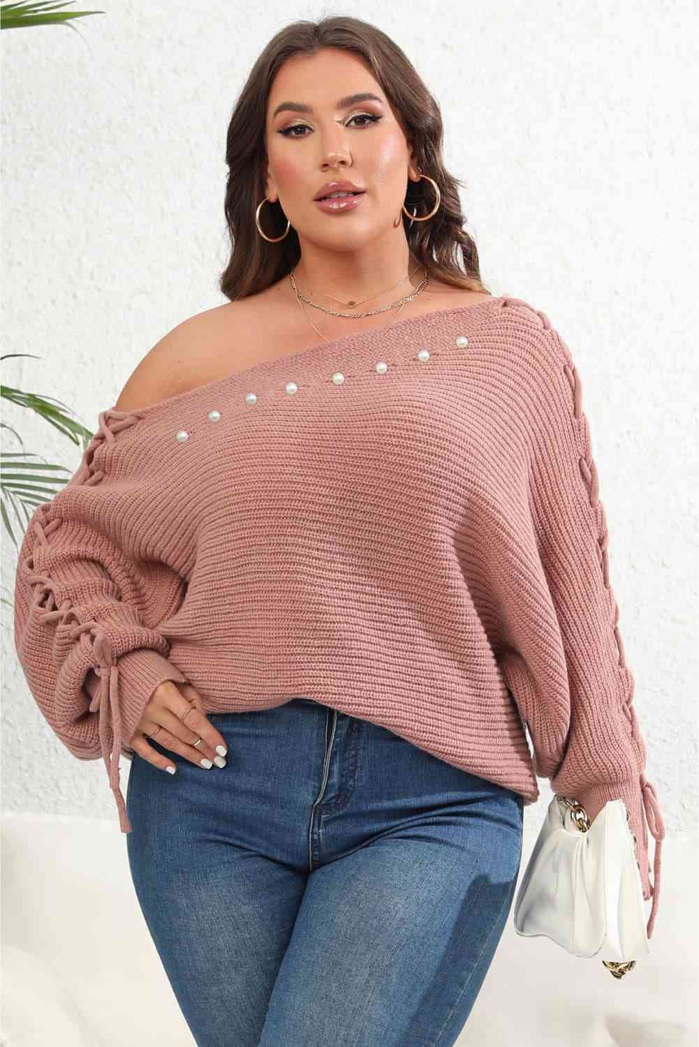 Plus Size One Shoulder Beaded Sweater 