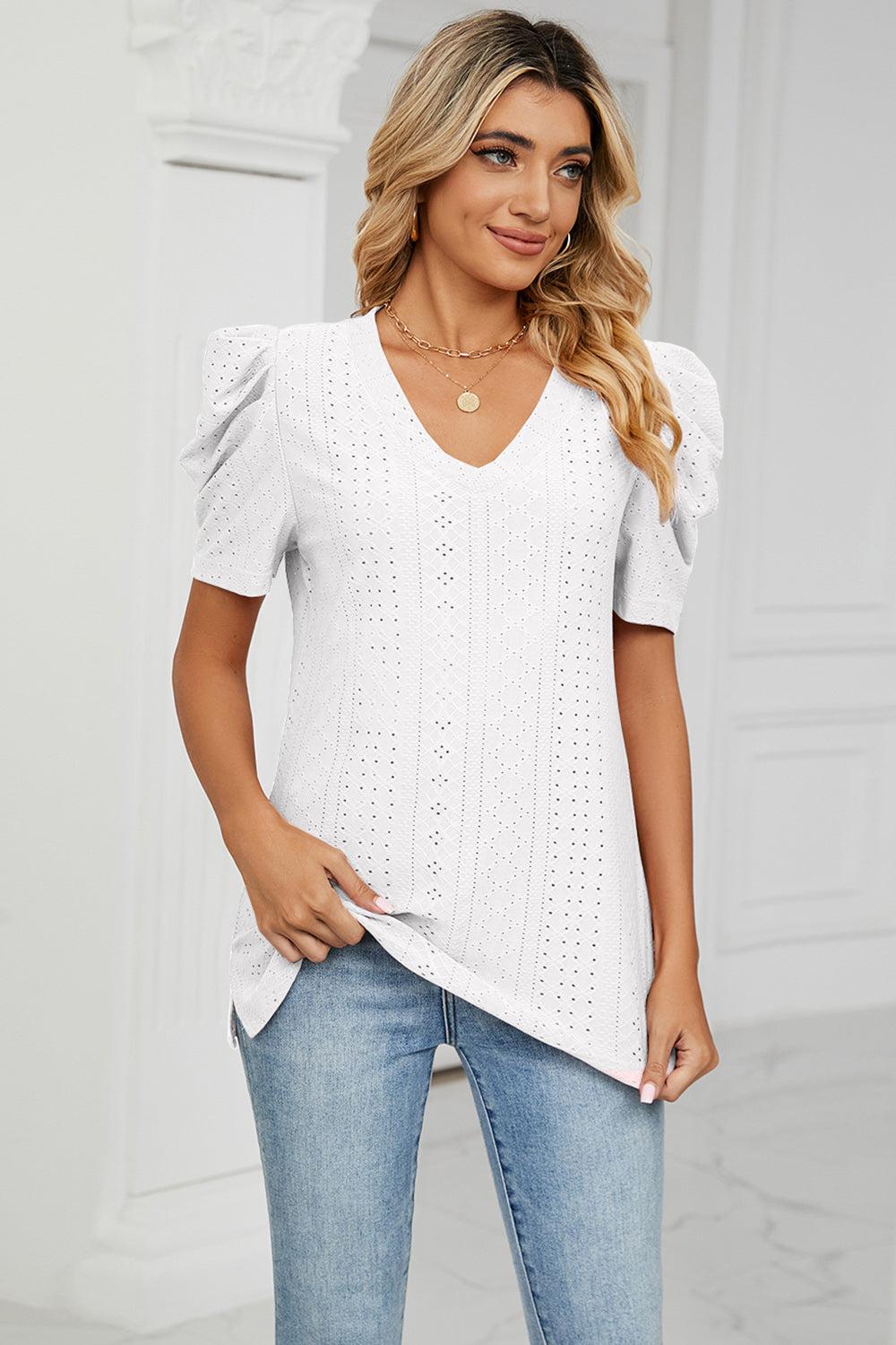 Eyelet V-Neck Short Sleeve Blouse 