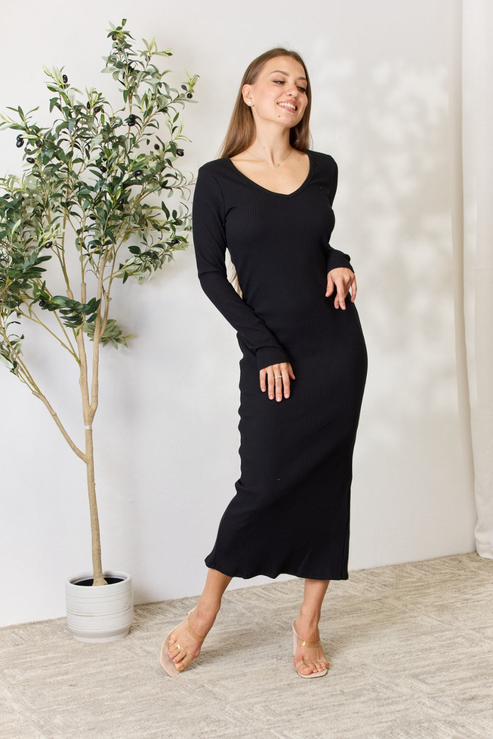 Culture Code Full Size Ribbed Long Sleeve Midi Slit Dress 