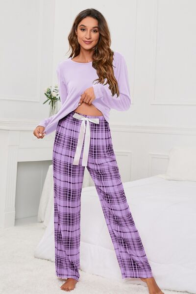 Round Neck Long Sleeve Top and Bow Plaid Pants Lounge Set 