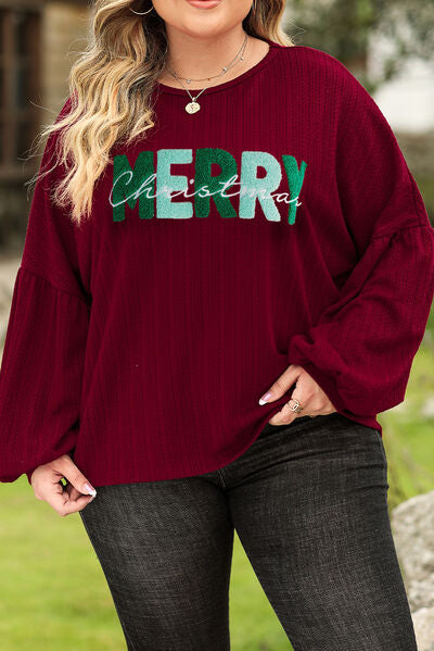 Plus Size MERRY CHRISTMAS Round Neck Long Sleeve Top 