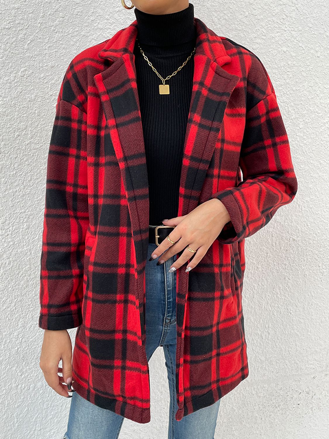 Plaid Lapel Collar Coat with Pockets 