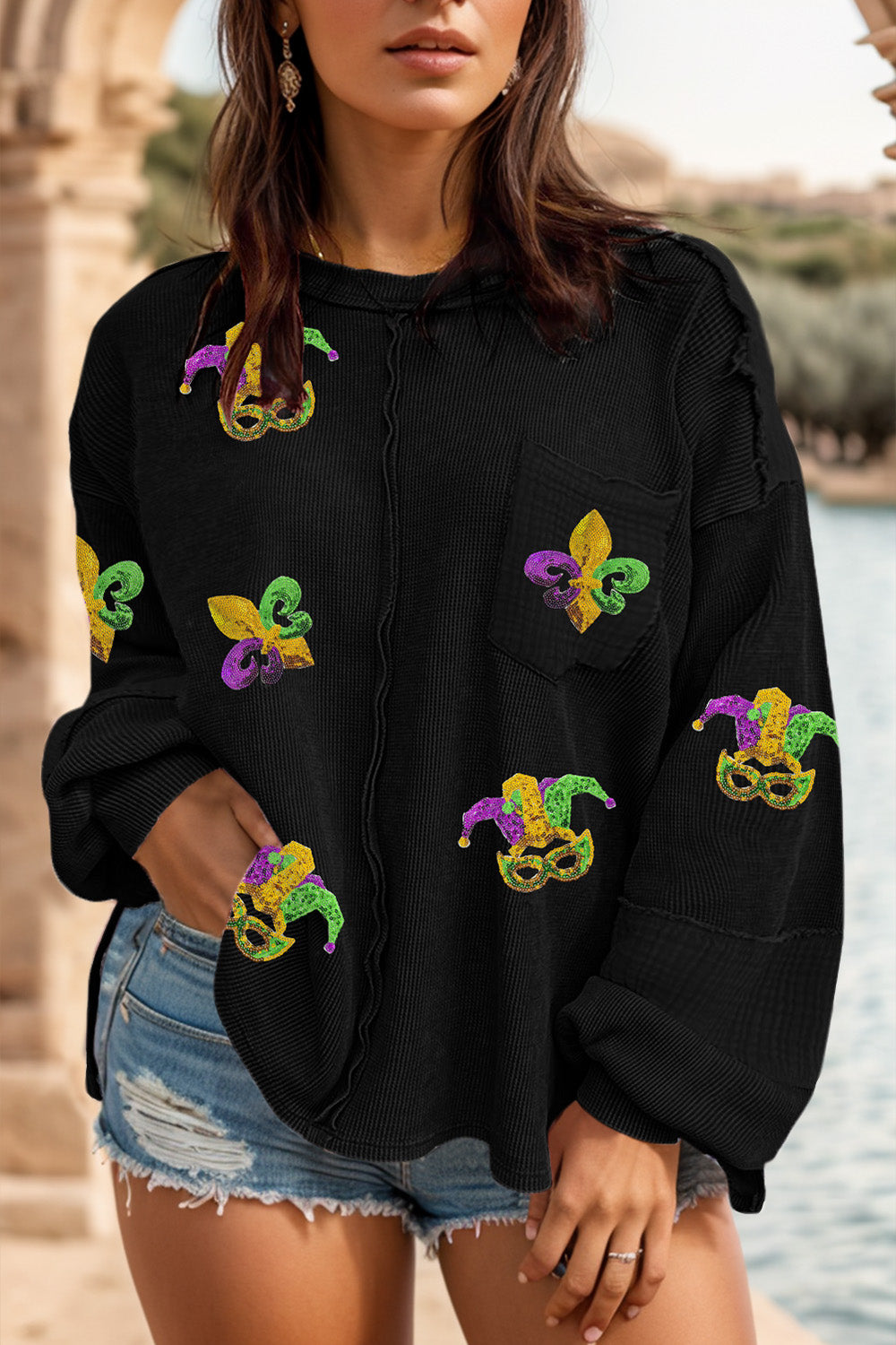 Plus Size Mardi Gras Sequin Round Neck Sweatshirt - Babbazon sweatshirt