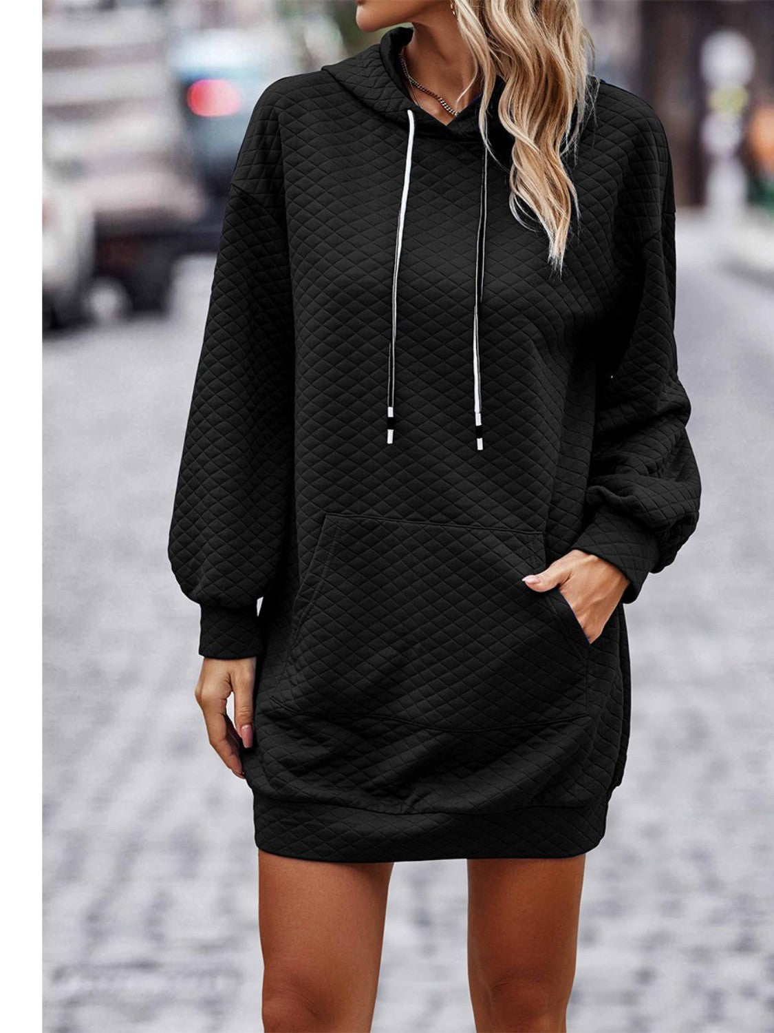 Textured Drawstring Tunic Hoodie 