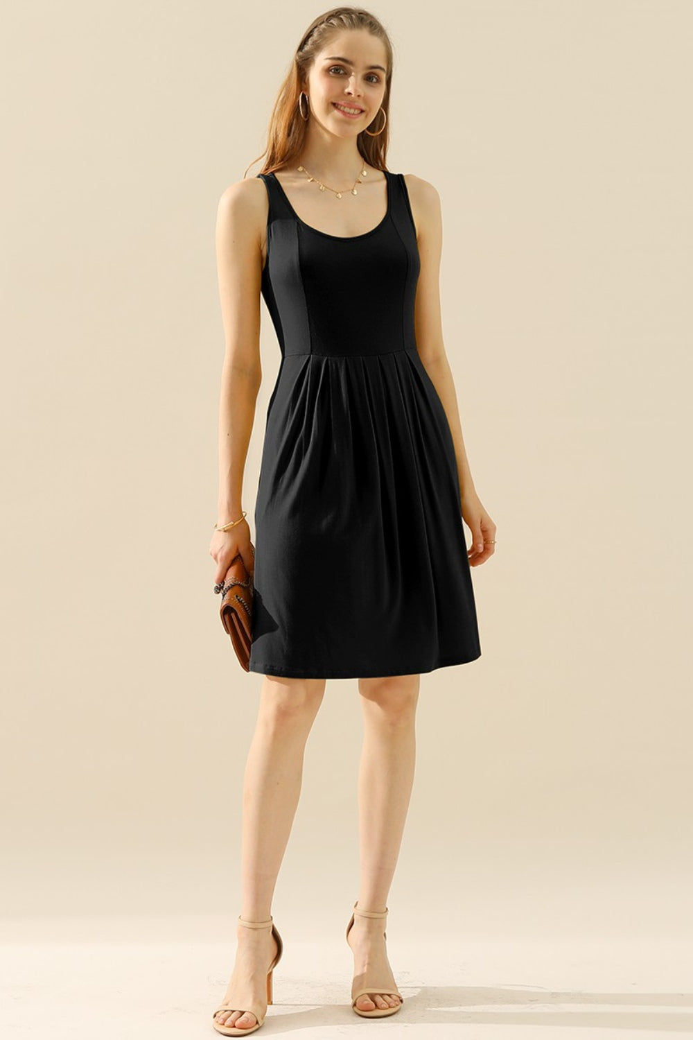 Doublju Full Size Round Neck Ruched Sleeveless Dress with Pockets 