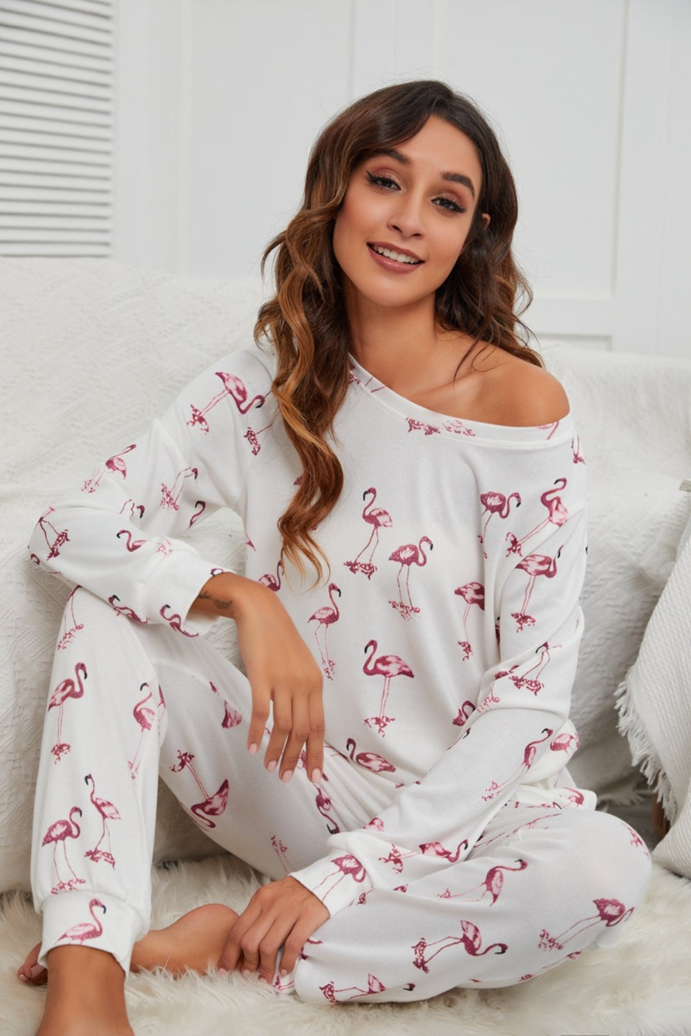 Flamingo Long Sleeve Top and Pants Lounge Set 