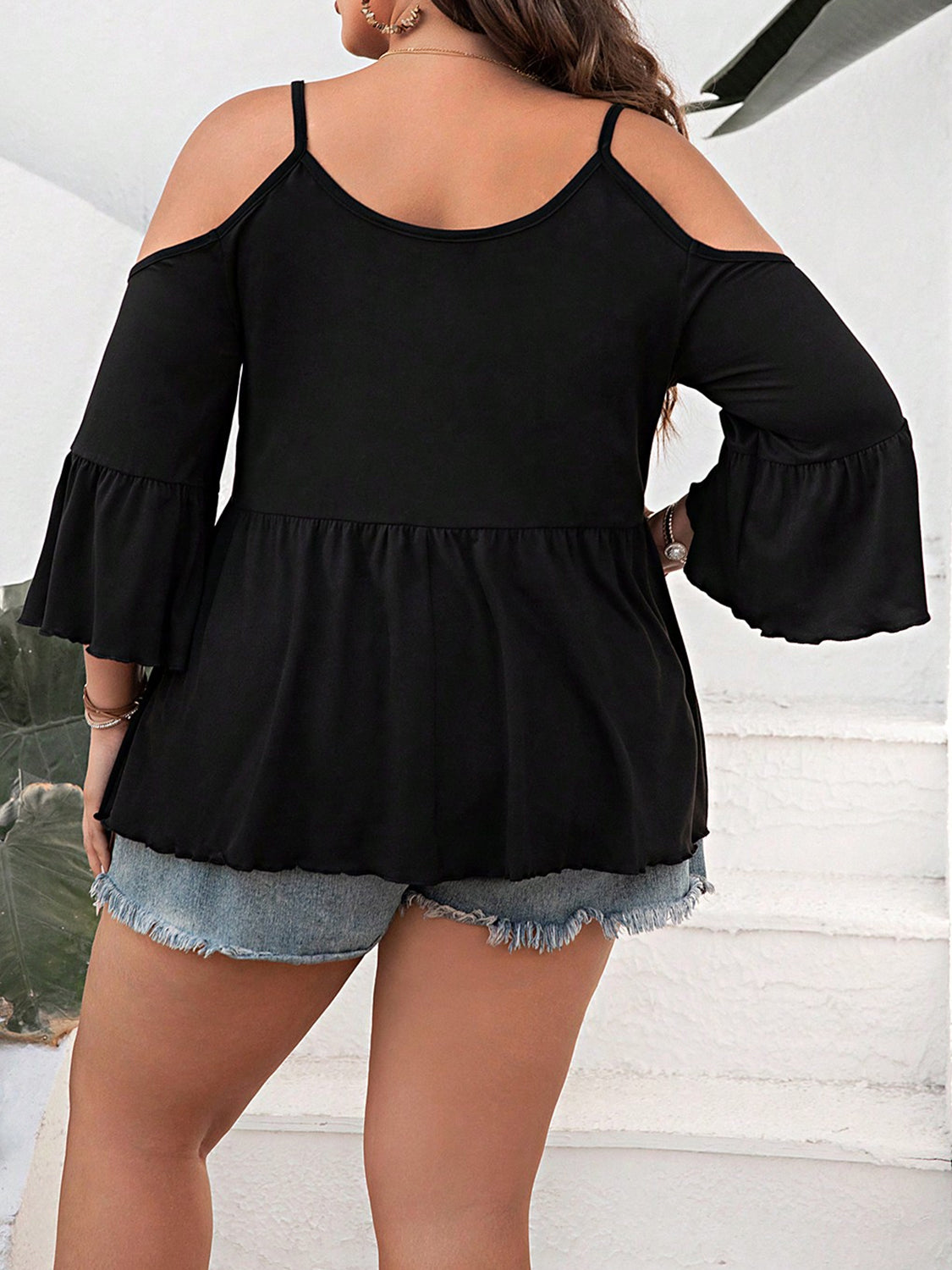 Plus Size Cold Shoulder Flounce Sleeve Blouse 