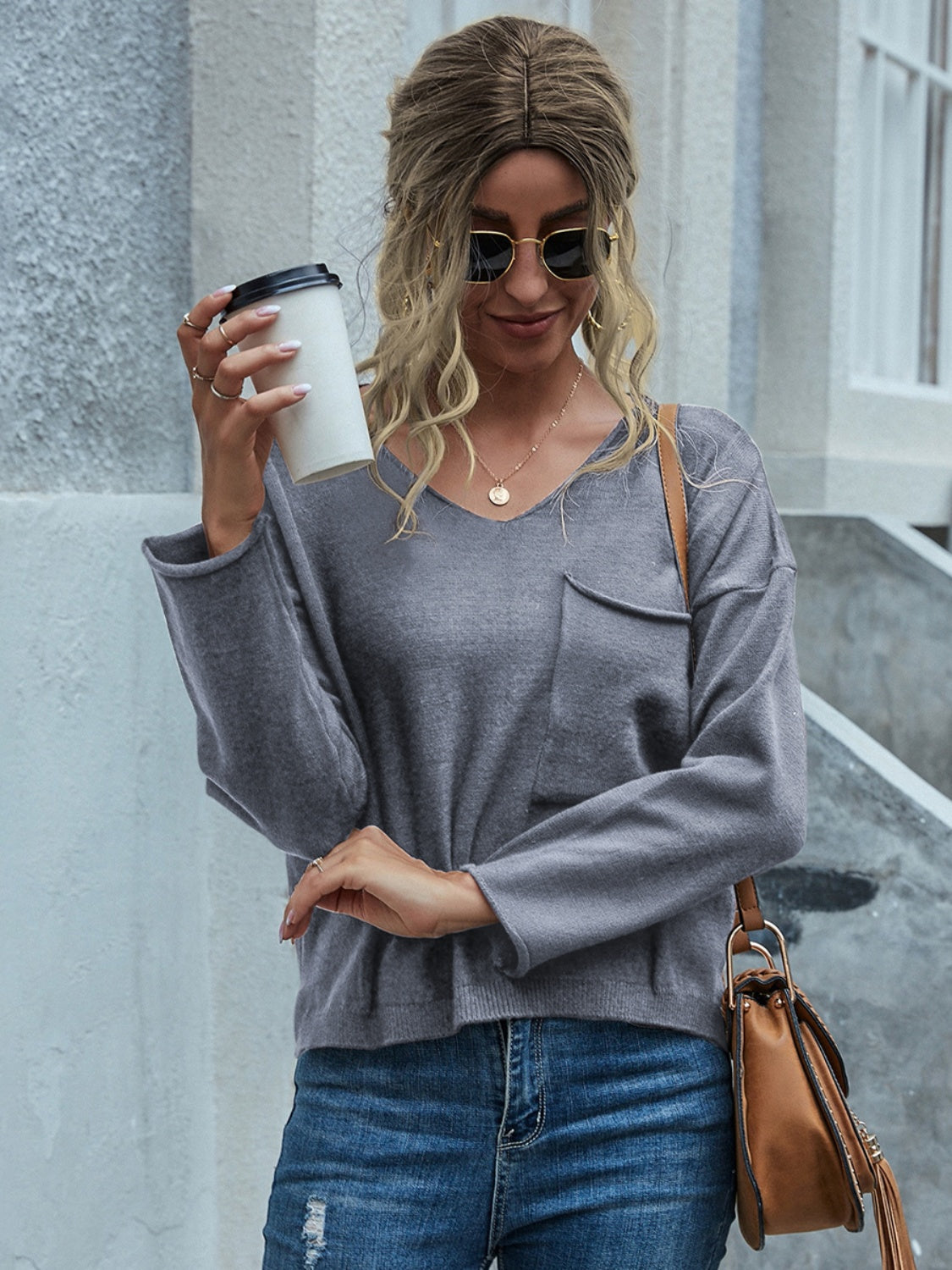 Pocketed V-Neck Dropped Shoulder Sweater 