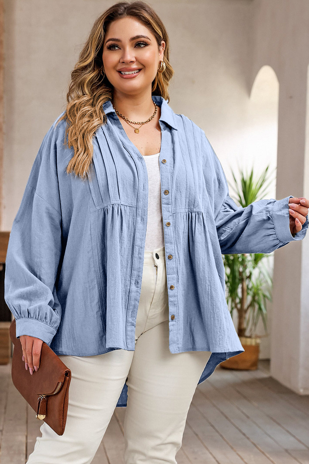 Plus Size High-Low Button Up Dropped Shoulder Shirt 