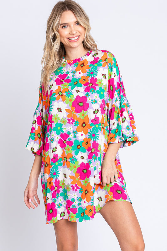 GeeGee Full Size Floral Round Neck Lantern Sleeve Mini Dress - Babbazon prom dress