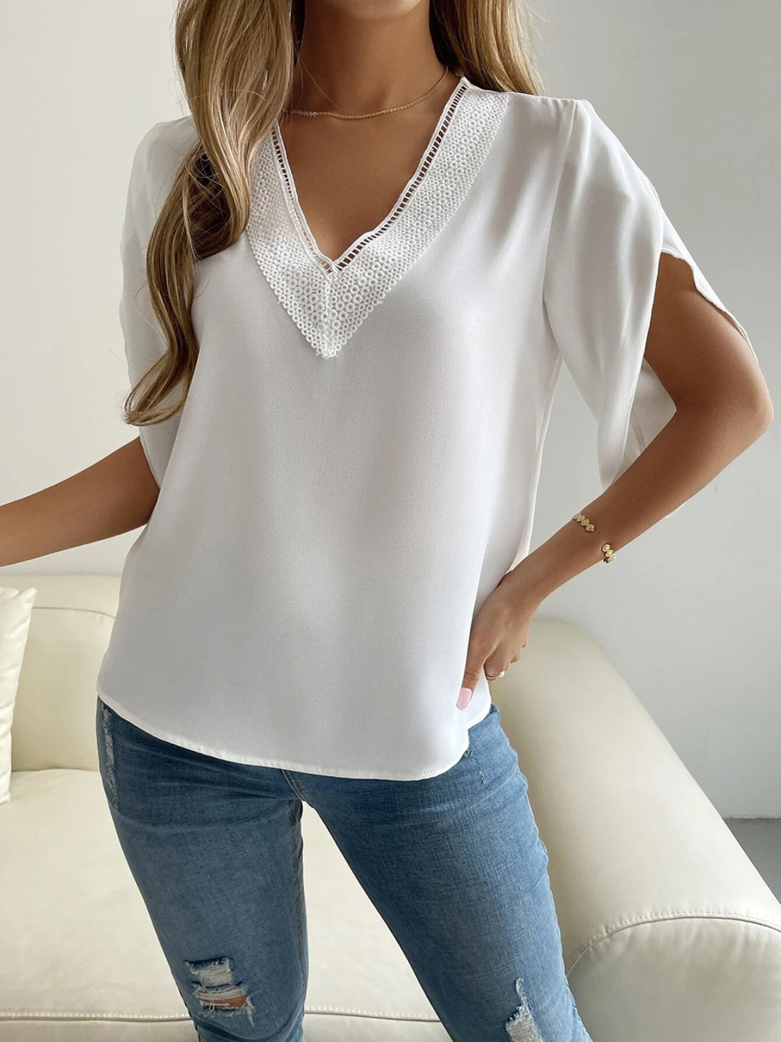 V-Neck Short Sleeve Blouse 