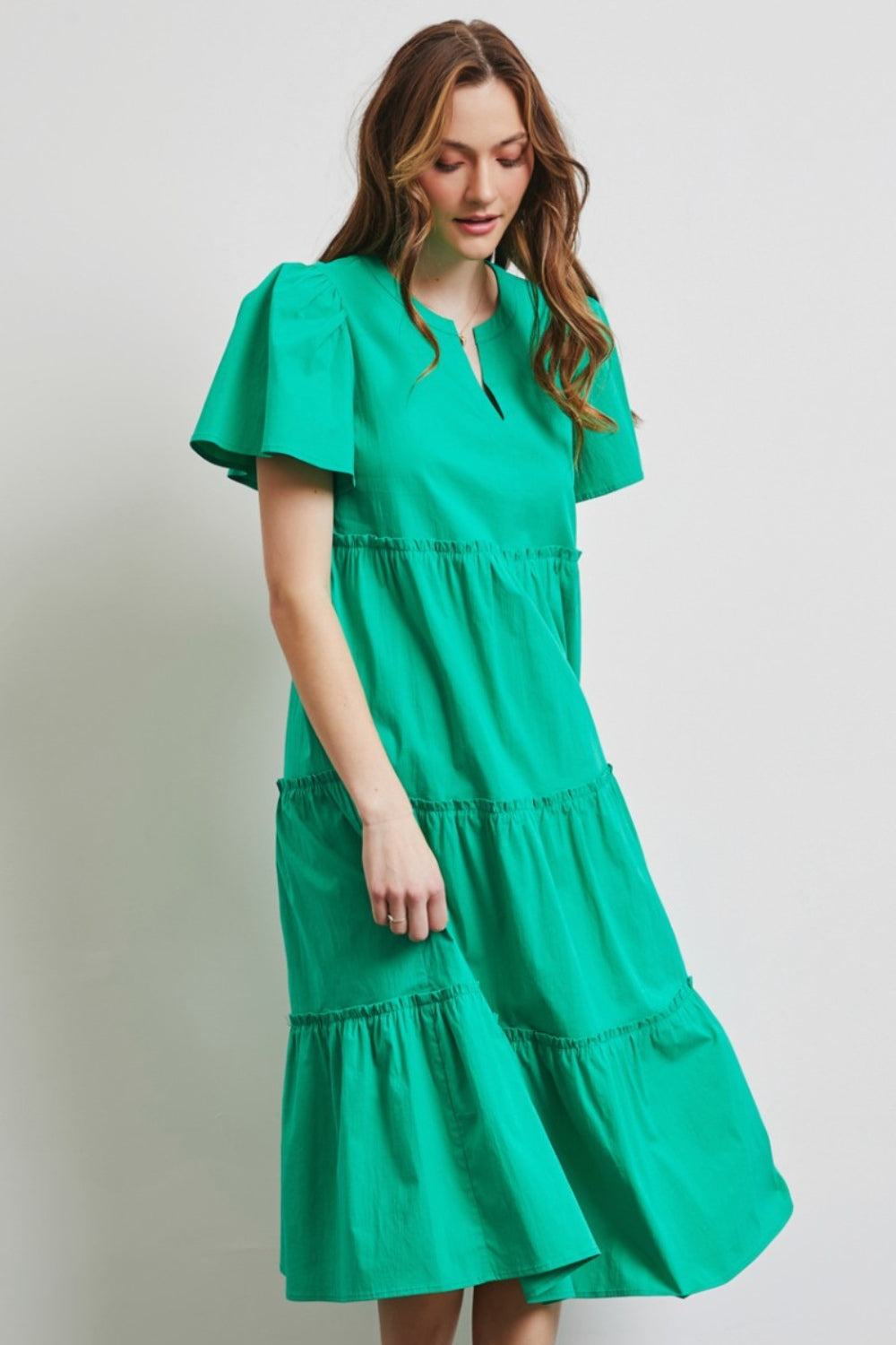 HEYSON Full Size Cotton Poplin Ruffled Tiered Midi Dress 