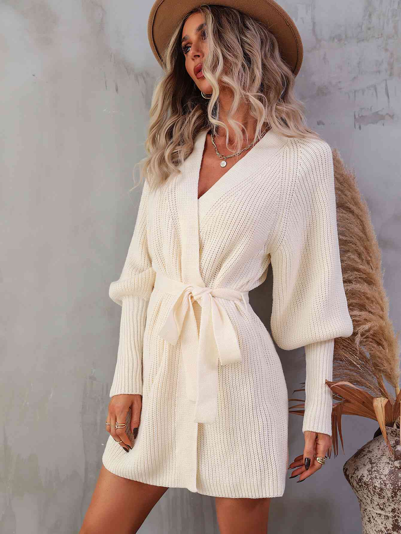 Belted Surplice Lantern Sleeve Wrap Sweater Dress 