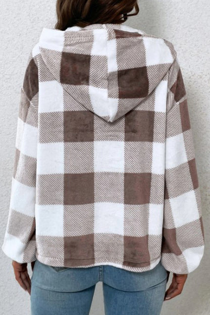 Plaid Quarter Button Dropped Shoulder Hoodie