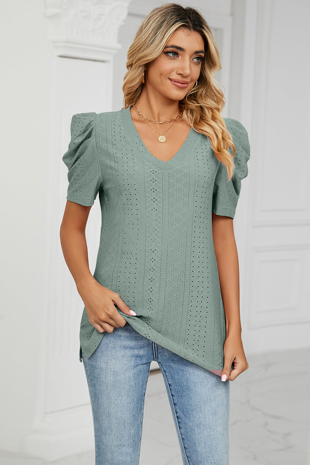 Eyelet V-Neck Short Sleeve Blouse