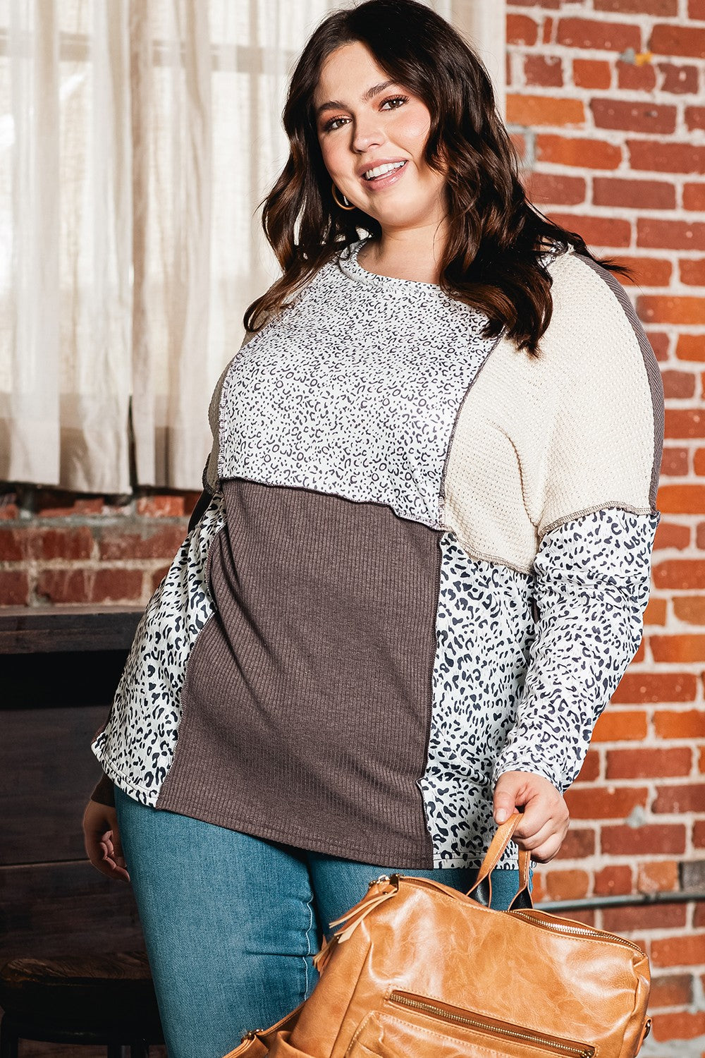 Plus Size Leopard Round Neck Sweatshirt 