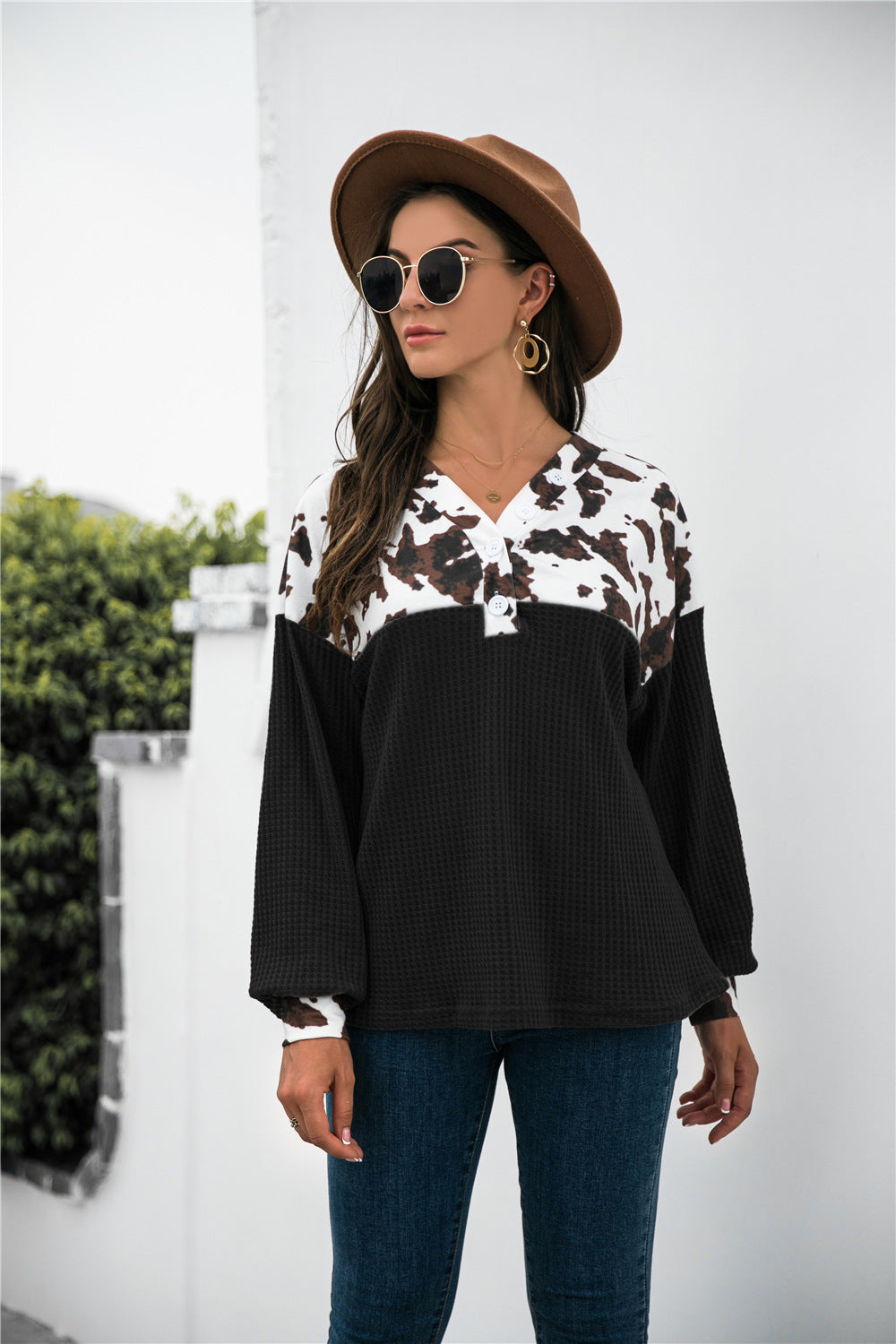 Animal Print Color Block Waffle-Knit Top 