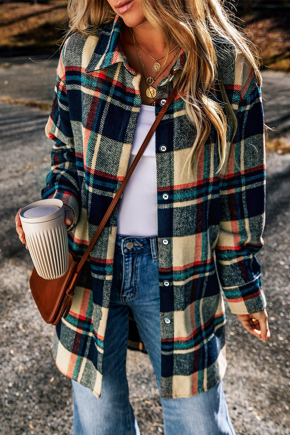 Plaid Button Up Long Sleeve Slit Shacket 