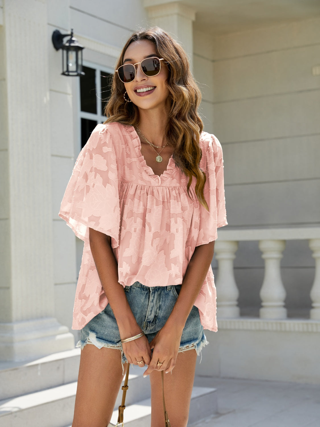 Frill V-Neck Half Sleeve Blouse - Babbazon Camisole