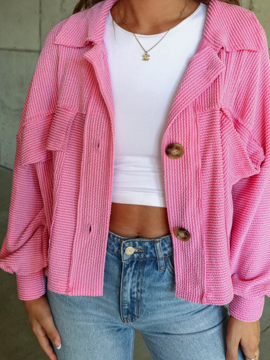 Ribbed Collared Neck Button Up Jacket 