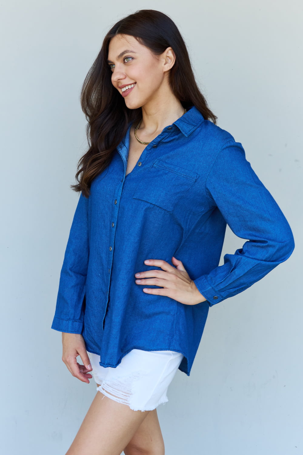 Doublju Blue Jean Baby Denim Button Down Shirt Top in Dark Blue 