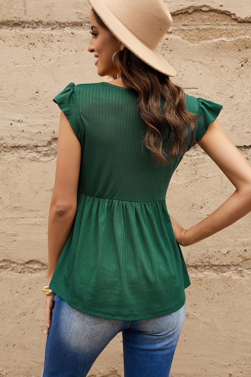 Ribbed Ruffle Sleeve Peplum Top 