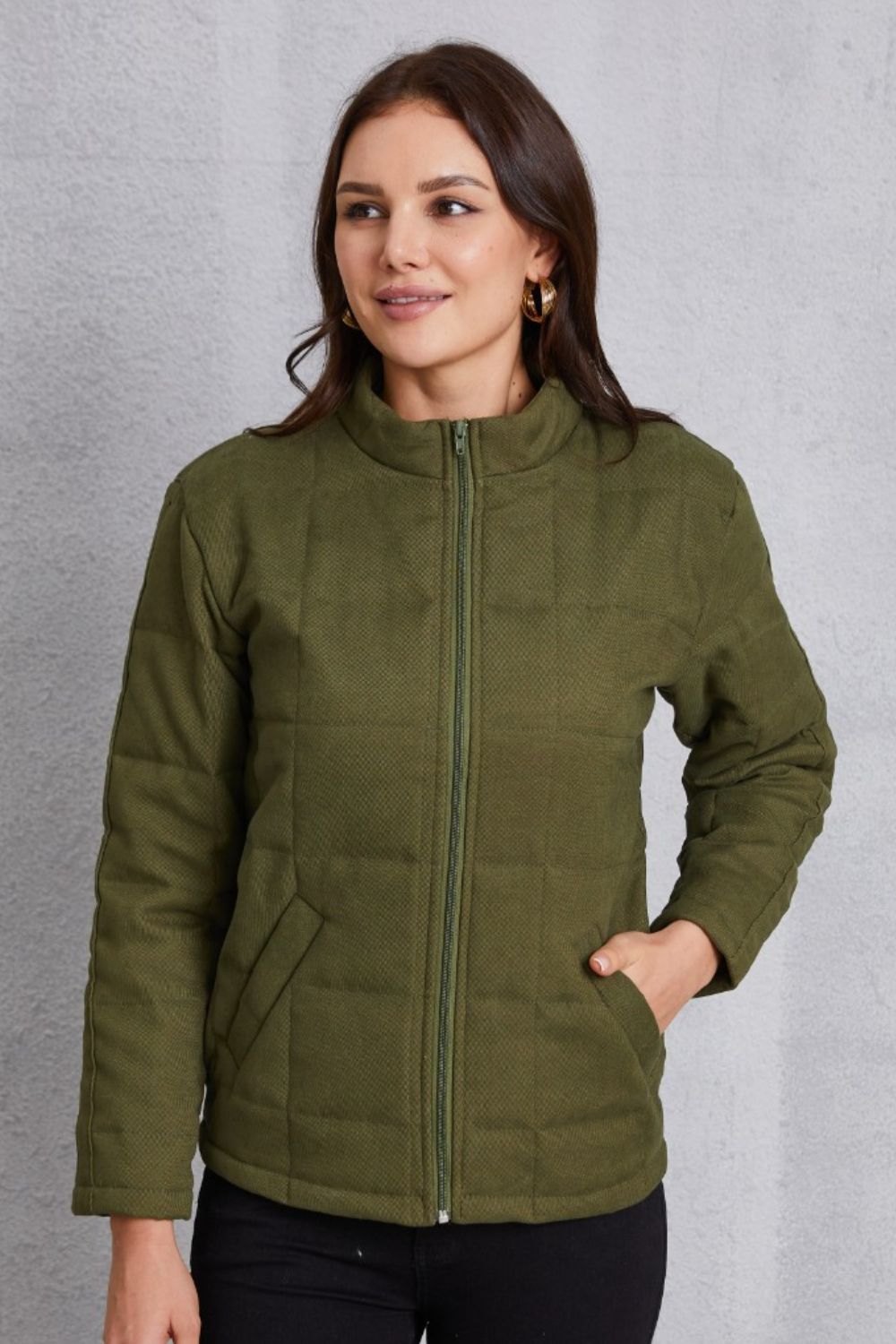 Zip Up Mock Neck Pocketed Jacket 