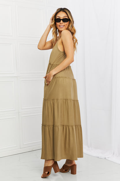 Zenana Full Size Spaghetti Strap Tiered Dress with Pockets in Khaki 