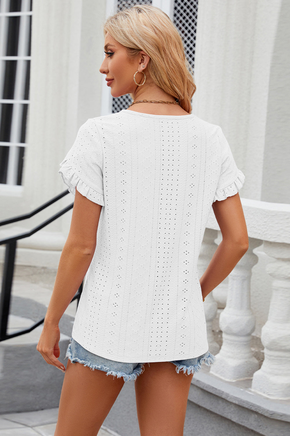 Eyelet Round Neck Petal Sleeve T-Shirt 