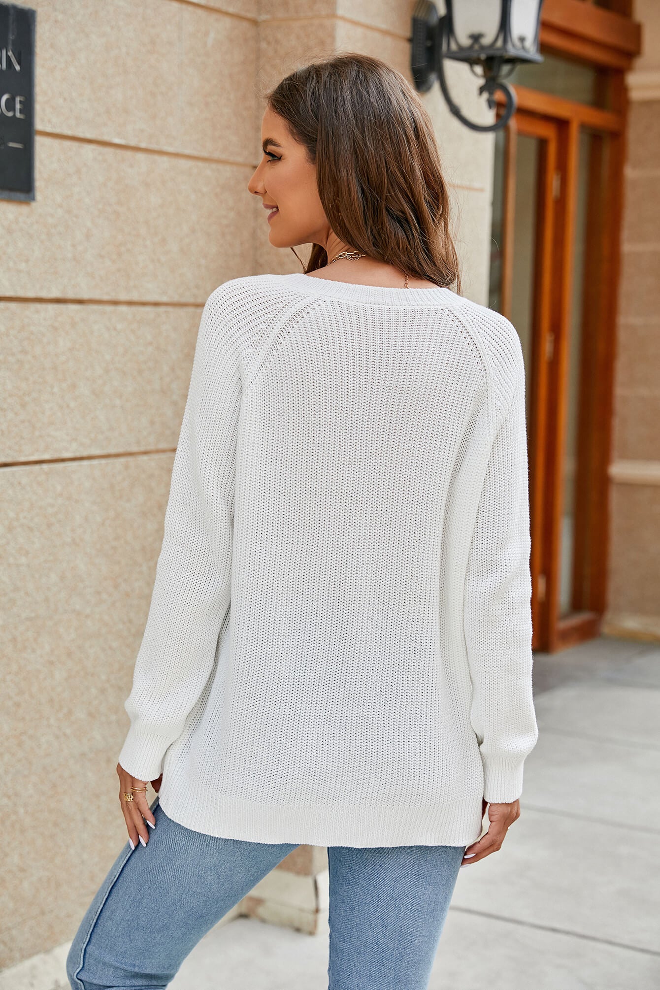 Raglan Sleeve Ribbed Trim Plunge Knit Top 