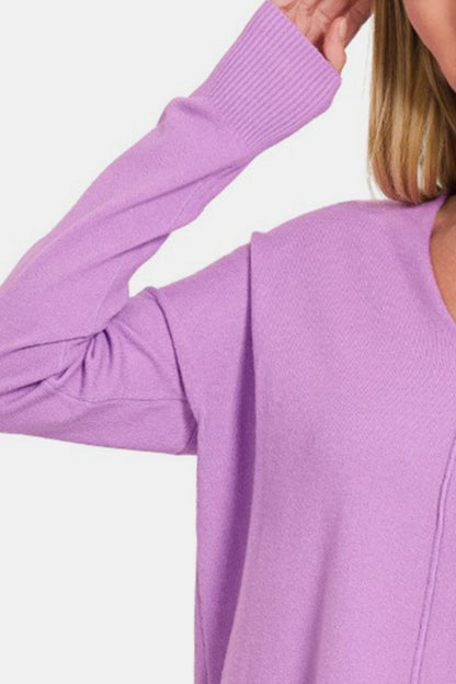 Zenana Slit V-Neck Dropped Shoulder Sweater 