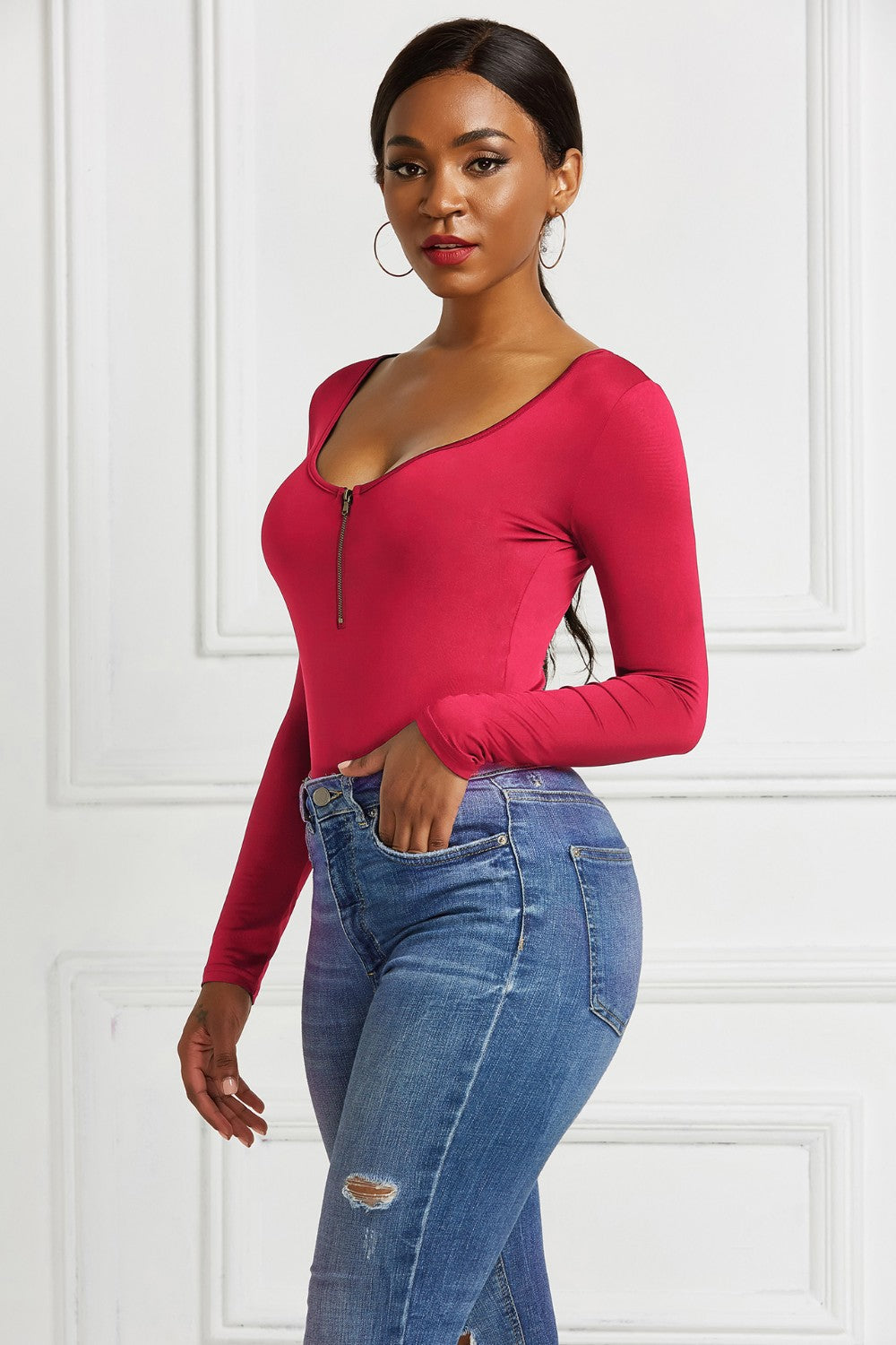 Half Zip Scoop Neck Long Sleeve Bodysuit 