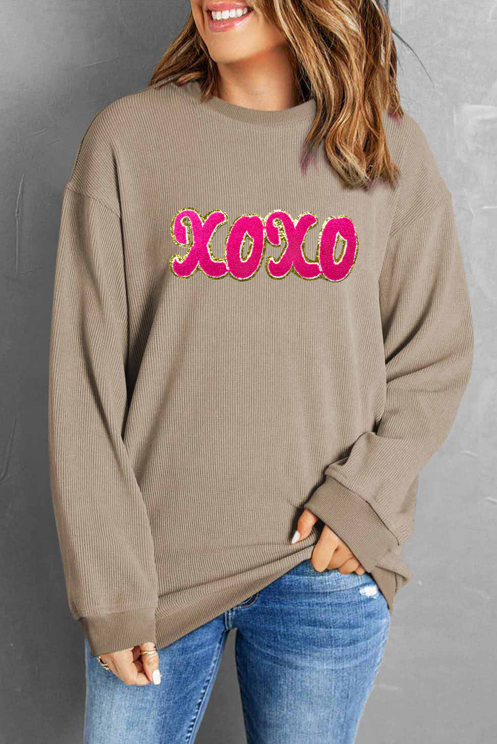 XOXO Sequin Round Neck Dropped Shoulder Sweatshirt - Babbazon sweatshirt