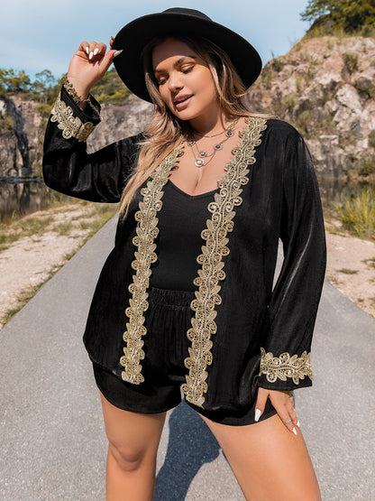 Plus Size Contrast Long Sleeve Top and Shorts Set 