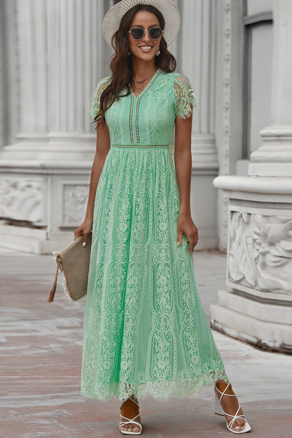 Scalloped Trim Lace Plunge Dress - Babbazon Maxi Dress